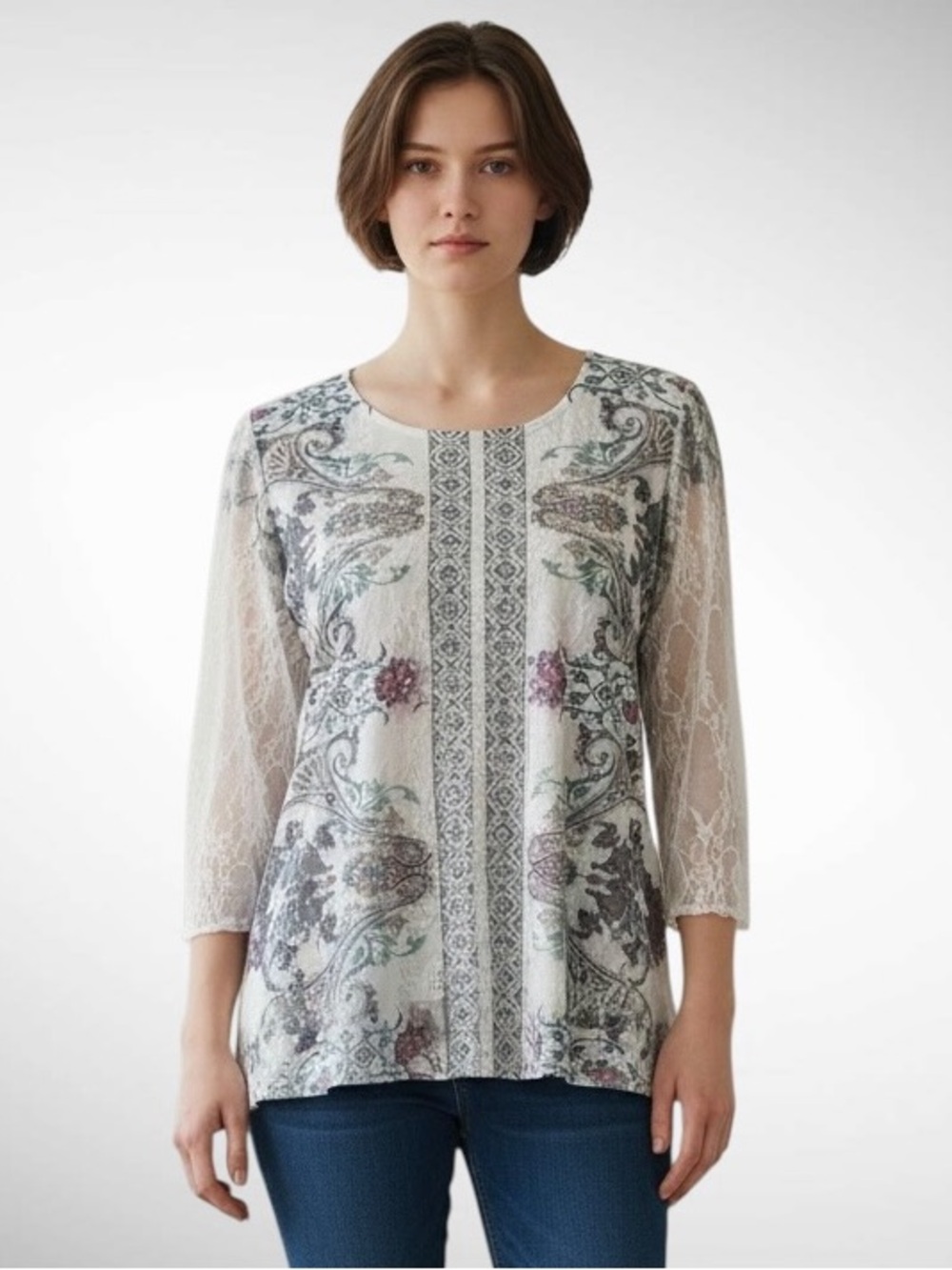 Brittany Black 3/4-Sleeve Lace Overlay Floral Top Rhinestone Accents